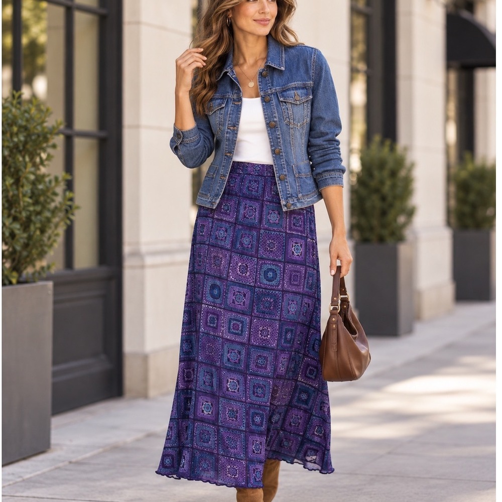 Y2K No Boundaries Mesh Maxi Skirt Women 14/16 Purple Patchwork Boho Y2K Whimsi